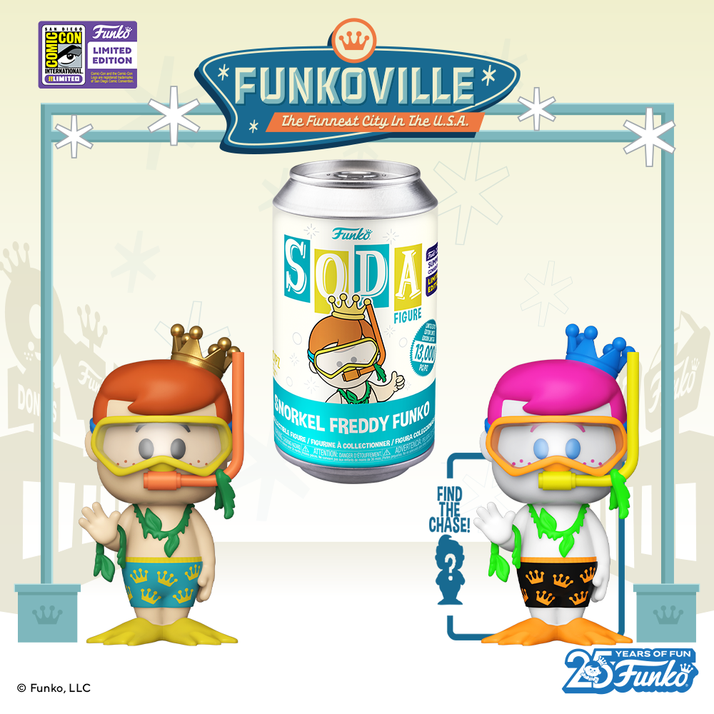 Go diving with Funko SODA Freddy Funko in scuba gear! This 2023 SDCC-exclusive collectible has the 1 in 6 chance of finding a blacklight chase variant.